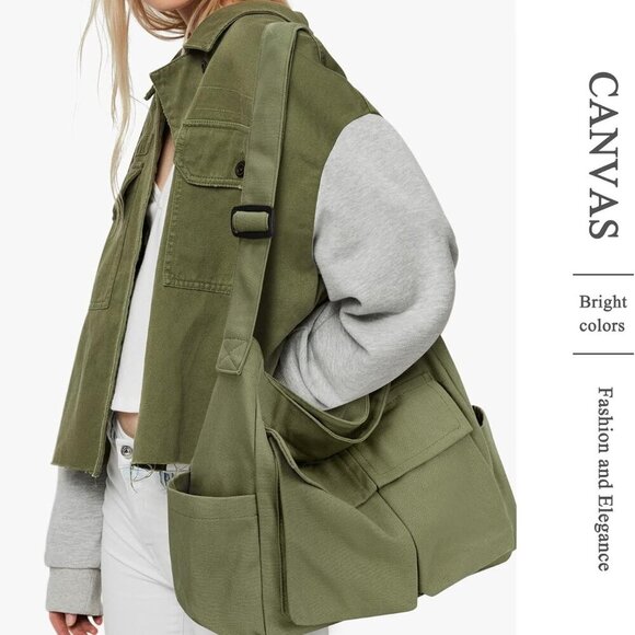 Canvas Messenger Bag Large Capacity Hobo Crossbody Tote for Men Women - Picture 7 of 7